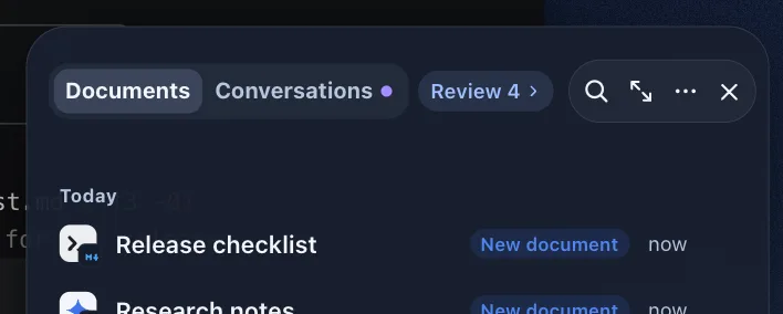 The shelf header switch "Documents | Conversations" with the activity dot