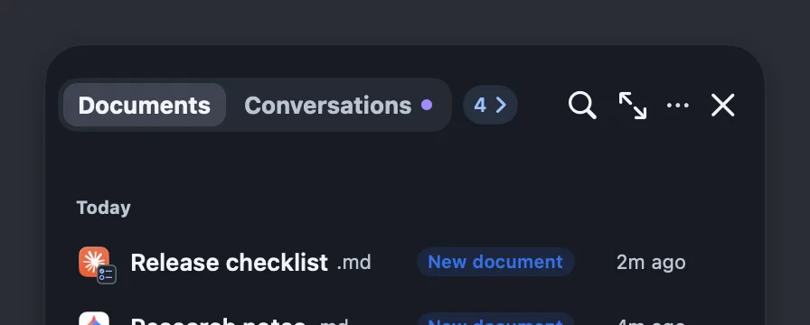 The shelf header switch "Documents | Conversations" with the activity dot
