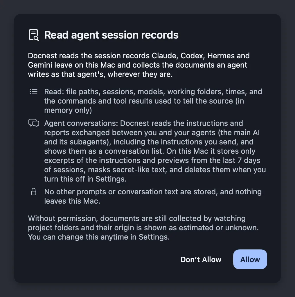 The "Read agent session records" window with Don’t Allow and Allow