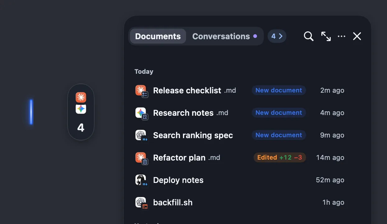 The status tab at rest, then with the pointer on it, then the shelf expanded