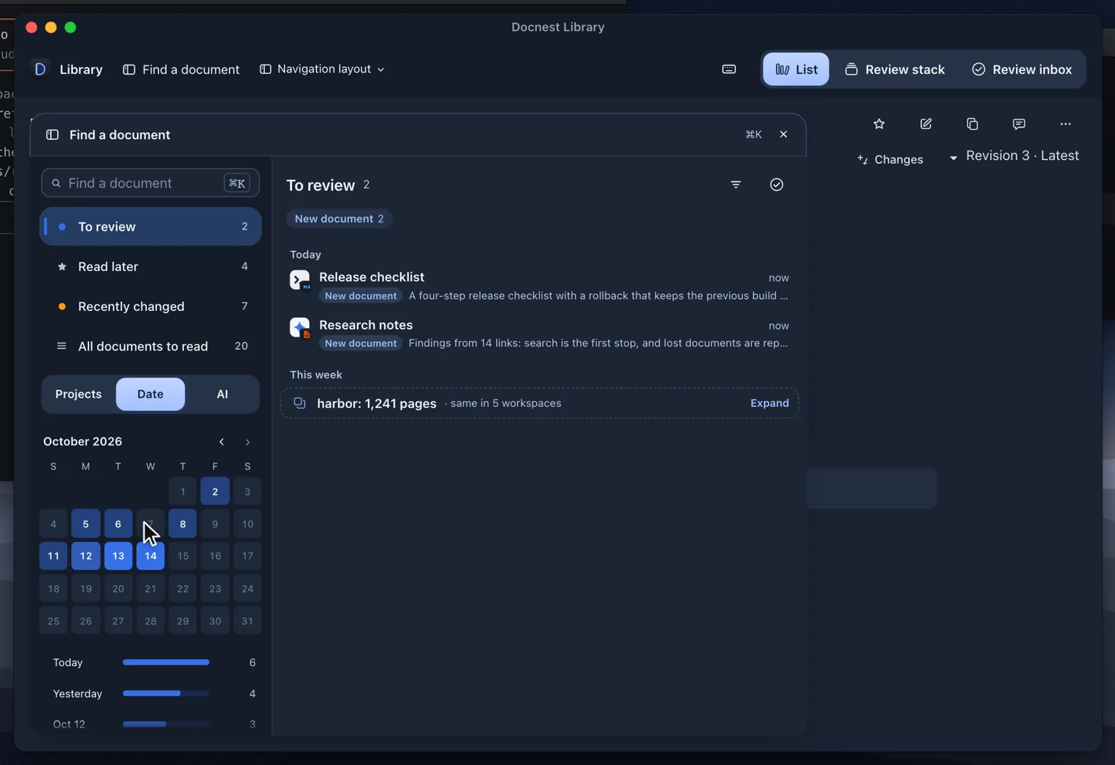 The library window: document on the right, Find a document panel open on the left
