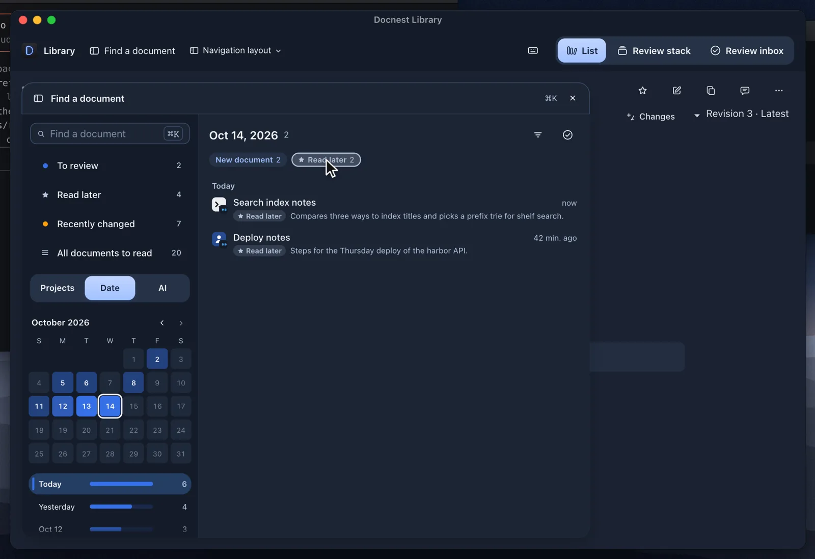 The Projects, Date (capture calendar) and AI tabs