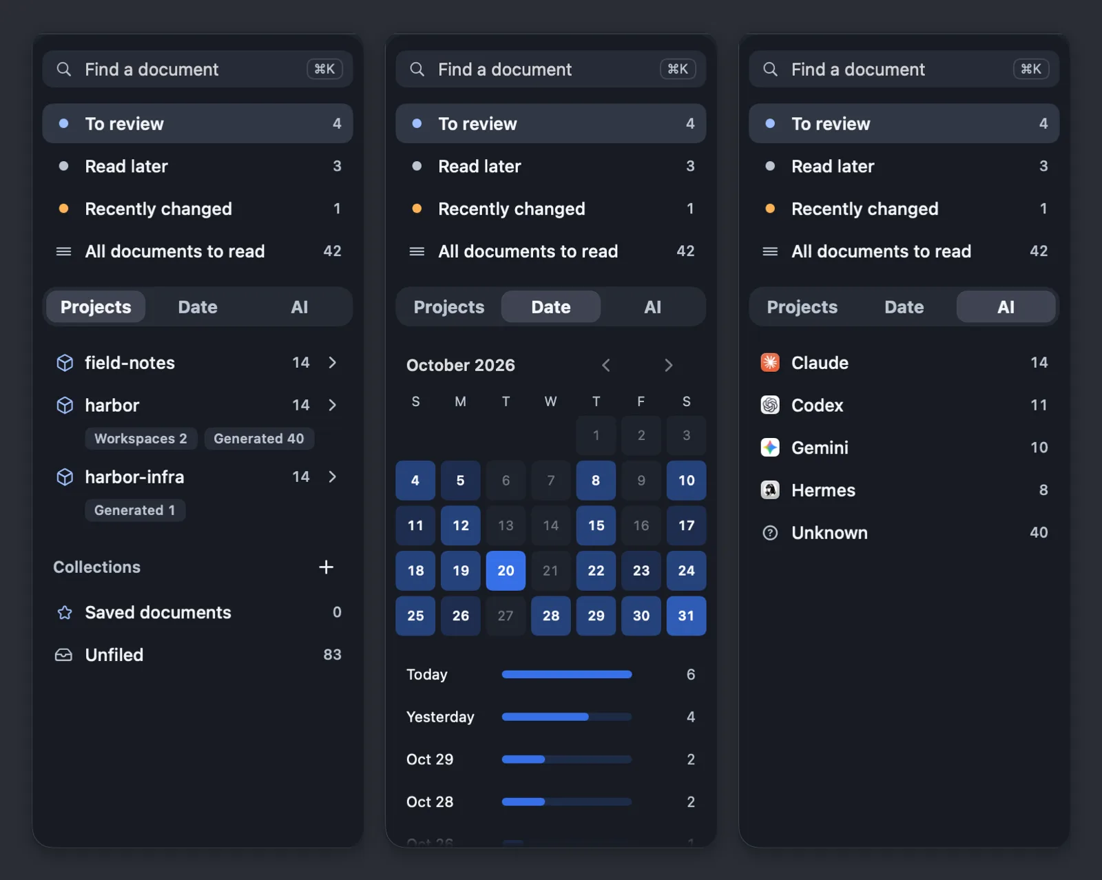 The Projects, Date (calendar of collected documents) and AI tabs