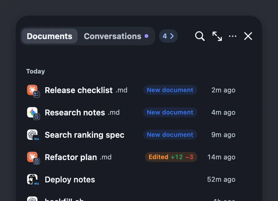 Shelf rows with a "New document" tag and an "Edited +12 −3" tag
