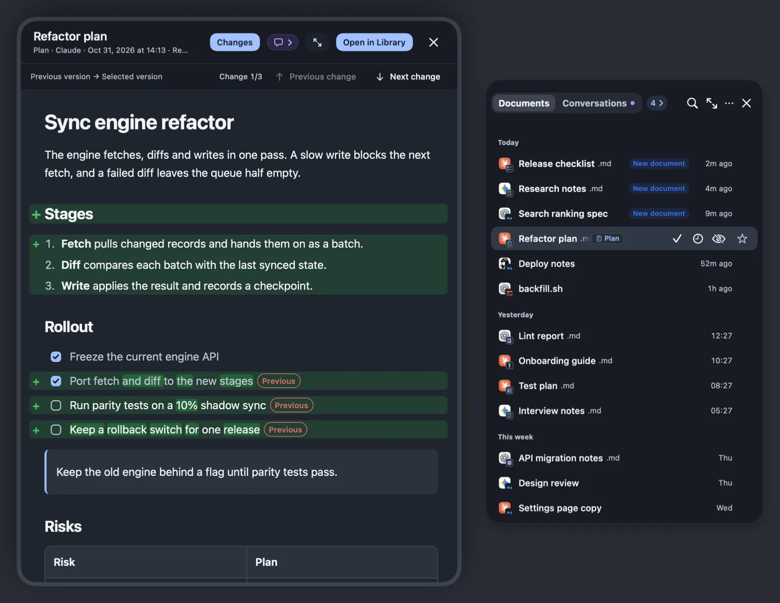 A document open beside the shelf, with "Source conversation ›" in the header