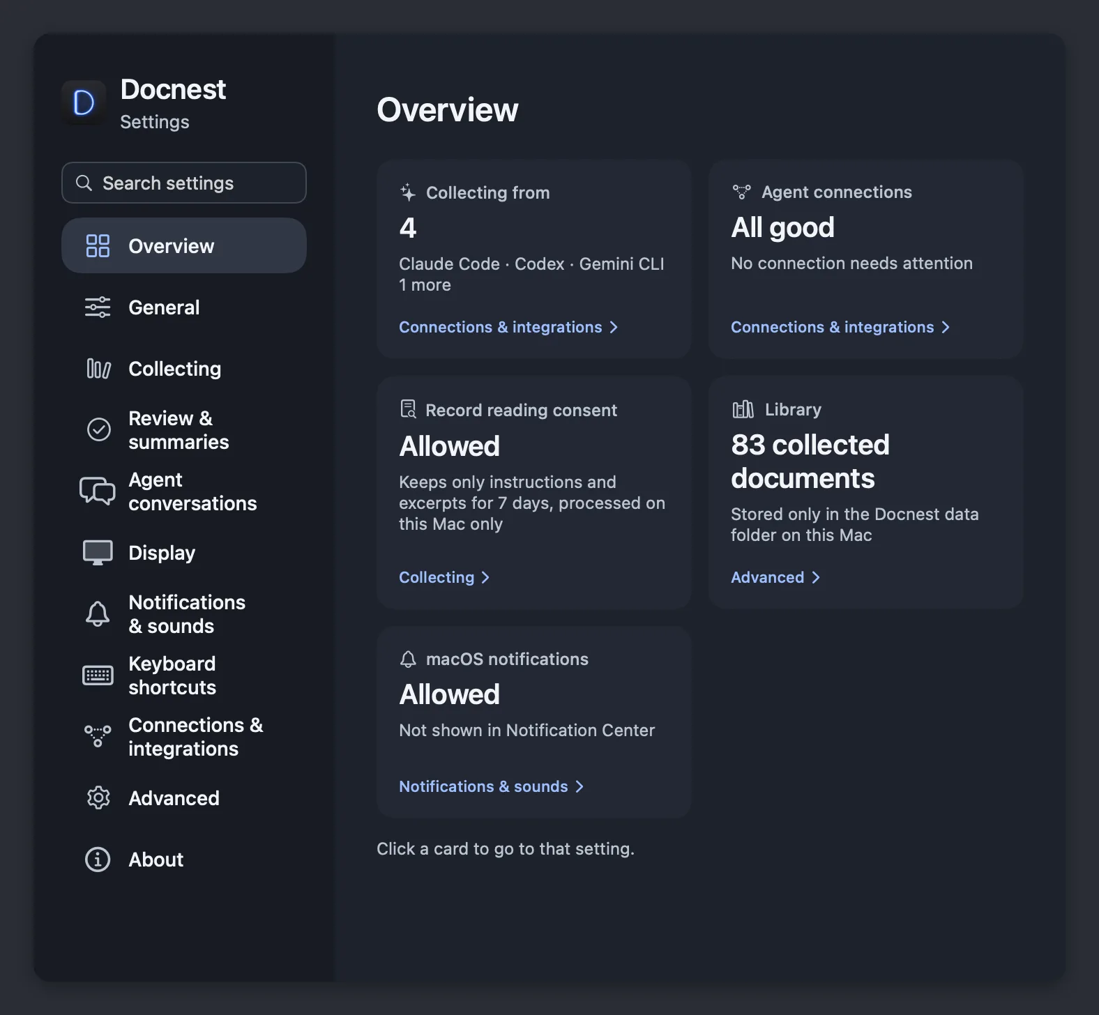 The Settings window on the Overview page